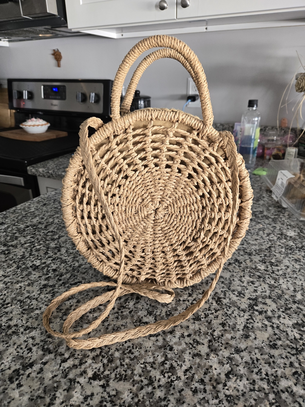 Woven Round Straw Crossbody Bag – Natural Tan